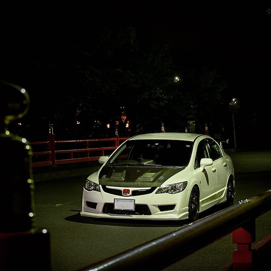 White Honda Civic FD Type R with Carbon Hood Parked on a Bridge at Night HD phone wallpaper