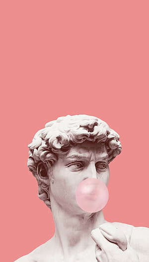 Michelangelo's David Marble Bust Blowing a Pink Bubble Gum Bubble on a Coral Background HD phone wallpaper