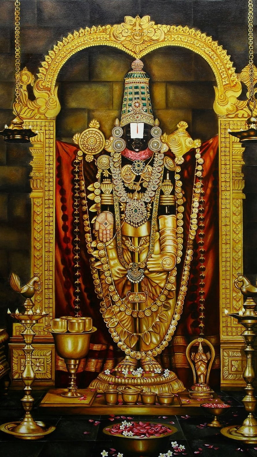 Lord Ayyappa Golden Idol in Temple with Oil Lamps and Offerings HD phone wallpaper