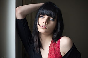 Portrait of a woman with dark hair and blue eyes wearing a red lace top, Unknown Model, babe, lady, model, woman HD wallpaper