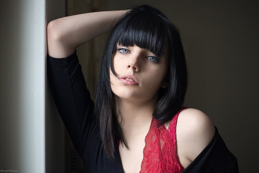 Portrait of a woman with dark hair and blue eyes wearing a red lace top, Unknown Model, babe, lady, model, woman HD wallpaper