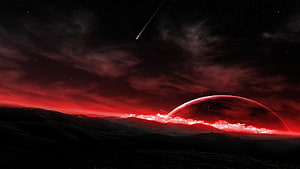 Dramatic Red Sky With Giant Planet And Shooting Stars Over Dark Hills HD wallpaper