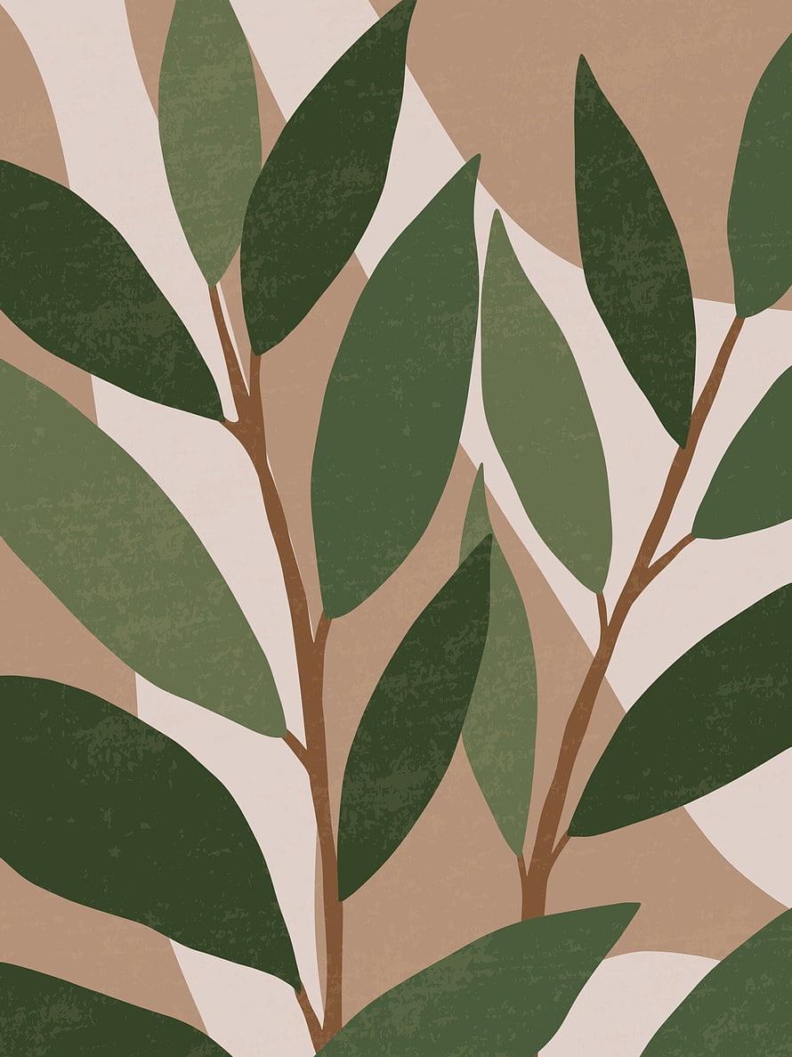 Mid-Century Modern Botanical Illustration with Olive Green Leaves and Earthy Tones HD phone wallpaper