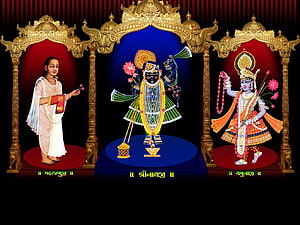 Hindu Trinity Wallpaper Featuring Mahaprabhu, Shrinathji, and Yamunaji in Golden Arches HD wallpaper