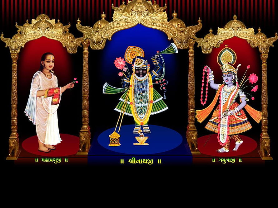 Hindu Trinity Wallpaper Featuring Mahaprabhu, Shrinathji, and Yamunaji in Golden Arches HD wallpaper