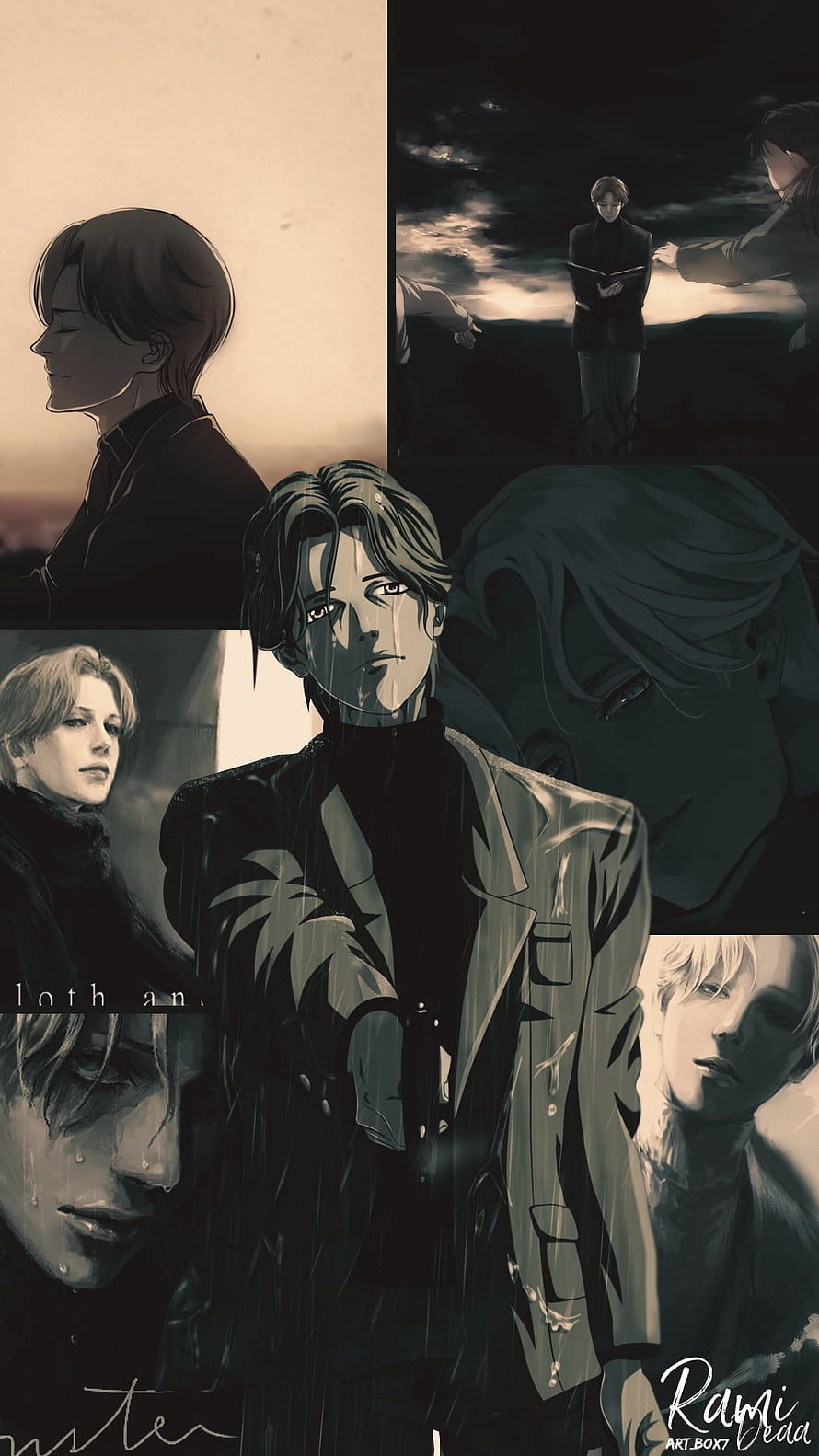Luthier anime character art collage featuring a man in a trench coat and turtleneck with moody lighting, Johan Liebert HD phone wallpaper