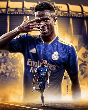 Vinicius Jr in Real Madrid Away Kit Celebrating at Estadio Santiago Bernabeu HD phone wallpaper