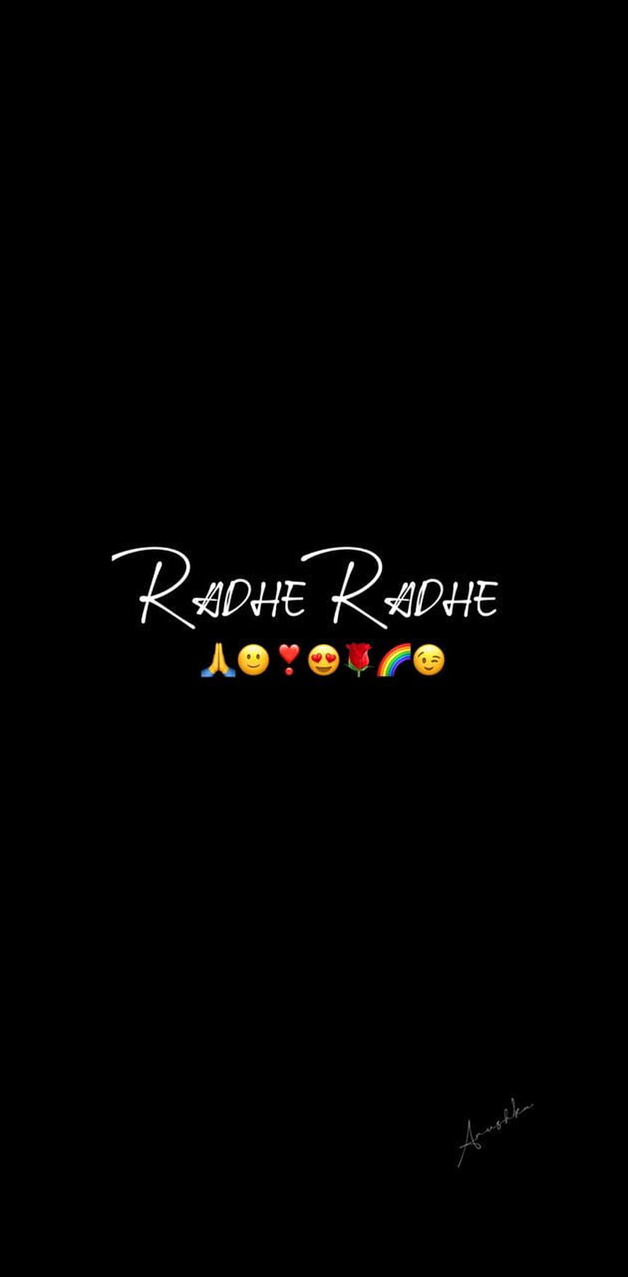 Radhe Radhe Krishna Devotional Text Wallpaper with Emojis on Black Background HD phone wallpaper