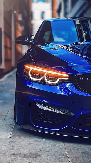 Glossy Blue BMW M3 Front End Detail With LED Headlights And Carbon Fiber Bumper HD phone wallpaper