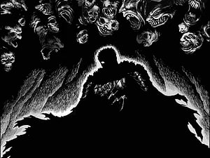 Berserk Manga Illustration of a Dark Silhouette Surrounded by Screaming Faces HD wallpaper