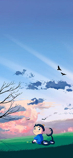 Bojji and Kage from Ranking of Kings Sitting in a Meadow Under a Pastel Sky HD phone wallpaper