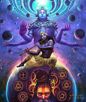 Cosmic Hindu Deities Artwork Featuring Krishna Playing Flute and Shiva with Planets HD phone wallpaper
