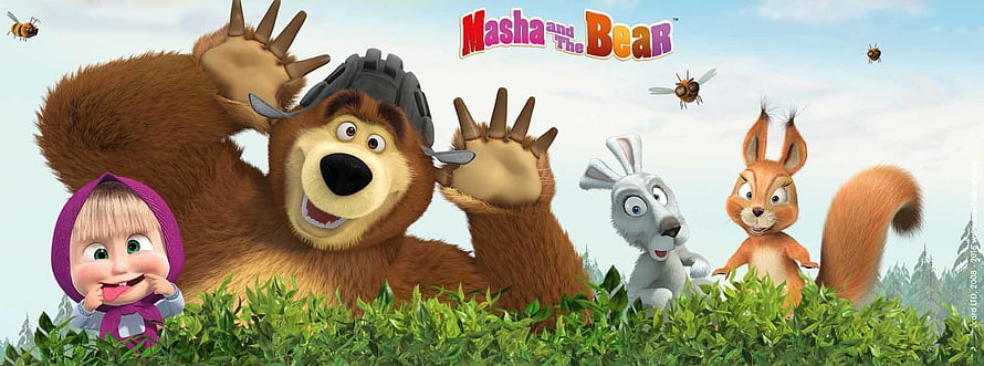Masha and the Bear animated characters group scene with rabbit and squirrel in forest HD wallpaper