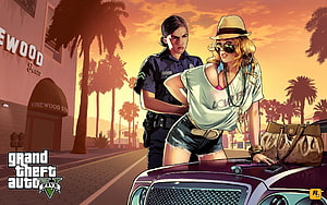 Grand Theft Auto V Artwork Featuring Female Characters and Luxury Car in Vinewood at Sunset HD wallpaper