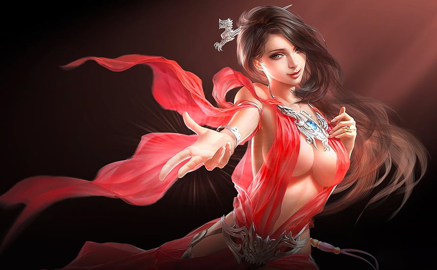 Fantasy female warrior in flowing red silk dress with silver armor and dragon hairpin HD wallpaper