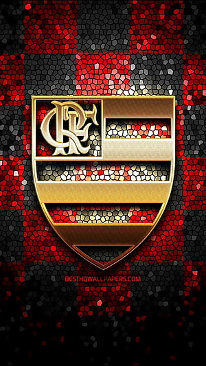 Flamengo Football Club Golden Crest on Red and Black Mosaic Background HD phone wallpaper