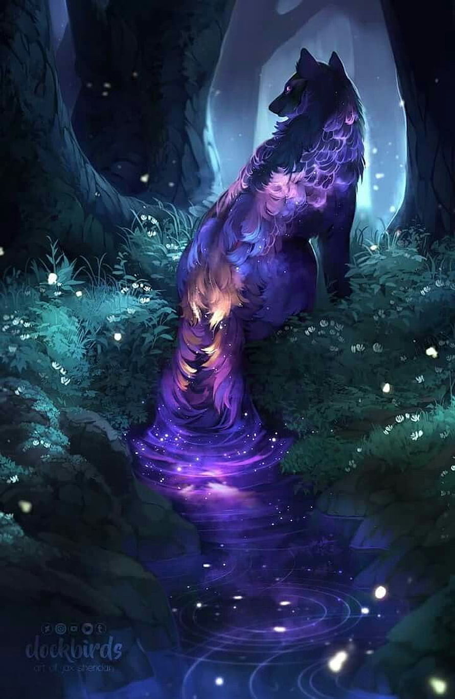Mystical Fantasy Wolf with Cosmic Purple Fur in a Moonlit Forest HD phone wallpaper
