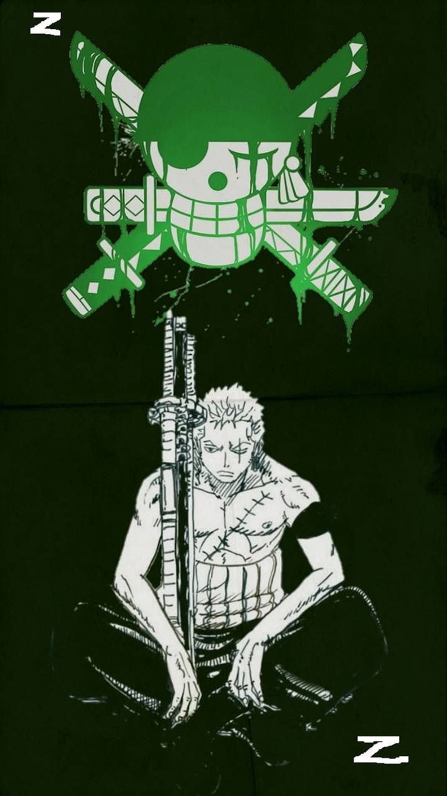 Zoro Roronoa Sitting With Swords And Green Jolly Roger Anime Wallpaper HD phone wallpaper