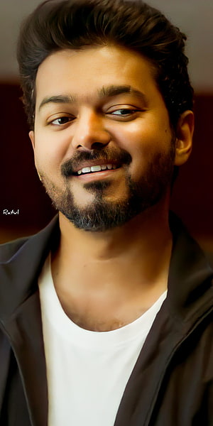 Thalapathy Vijay smiling portrait in dark jacket and white t-shirt HD phone wallpaper