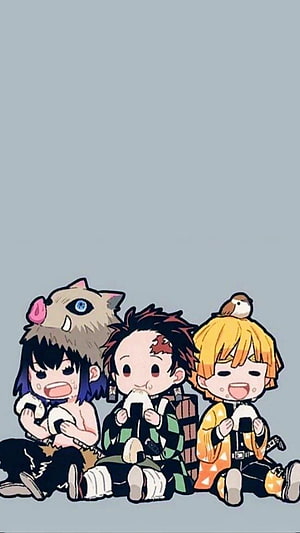 Chibi Demon Slayer Trio Tanjiro Zenitsu Inosuke Eating Onigiri HD phone wallpaper