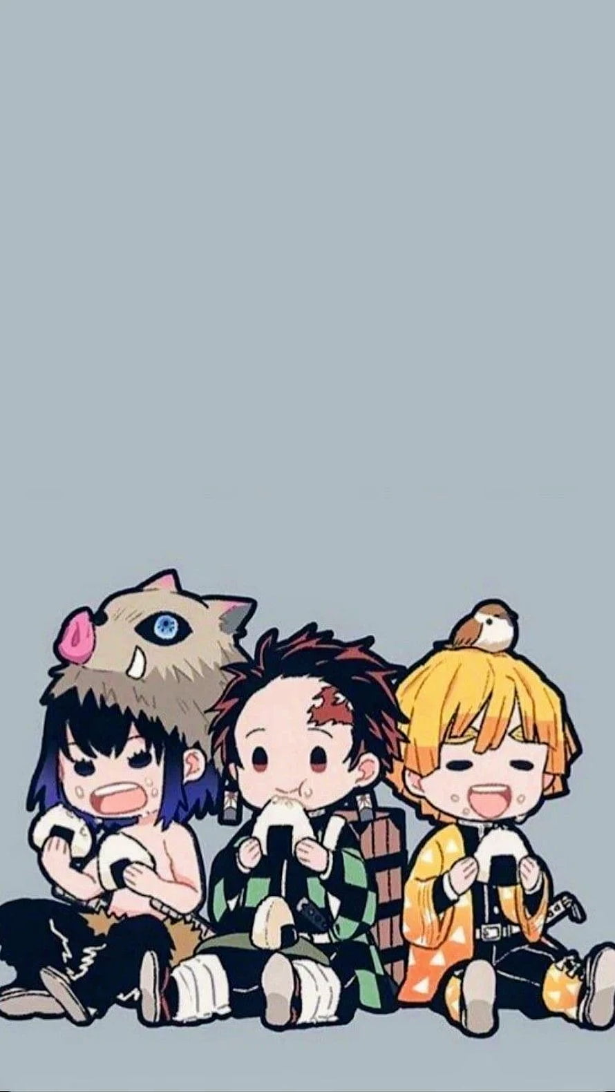 Chibi Demon Slayer Trio Tanjiro Zenitsu Inosuke Eating Onigiri HD phone wallpaper