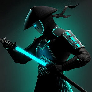 Shadow Fight Arena Samurai Warrior Wielding Glowing Cyan Katana in Dark Armor HD phone wallpaper