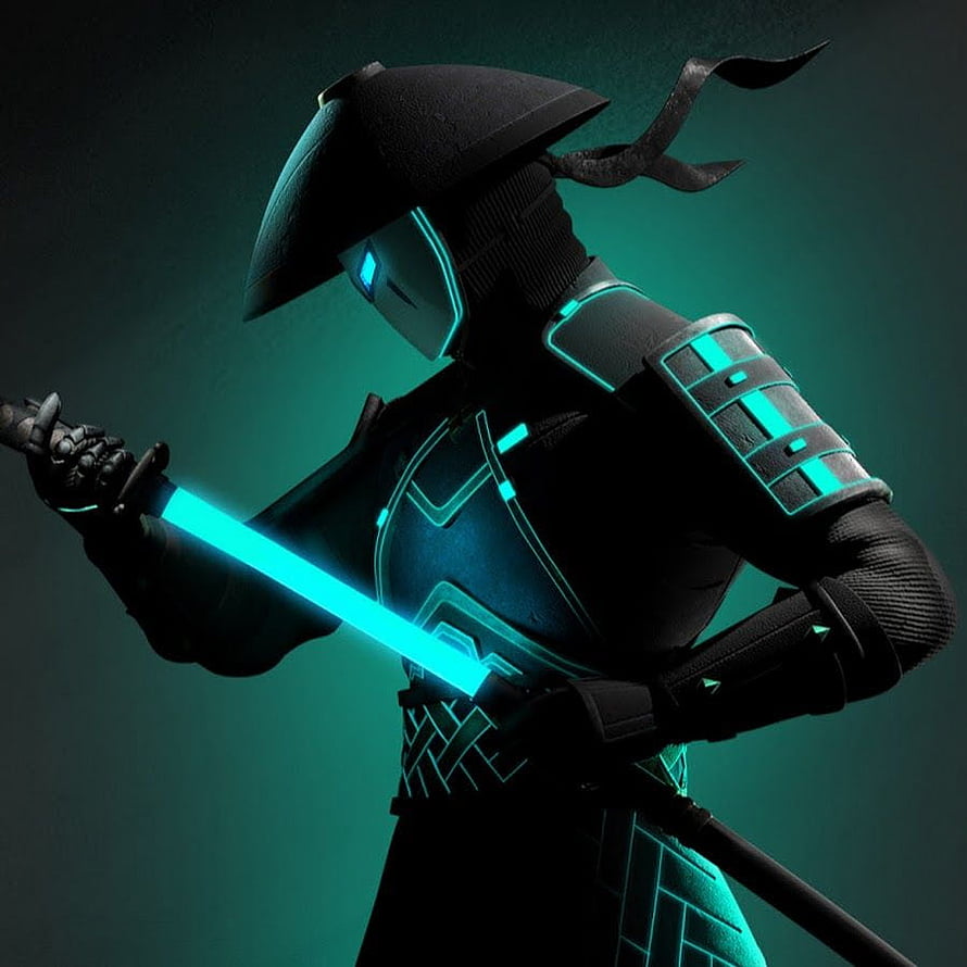 Shadow Fight Arena Samurai Warrior Wielding Glowing Cyan Katana in Dark Armor HD phone wallpaper