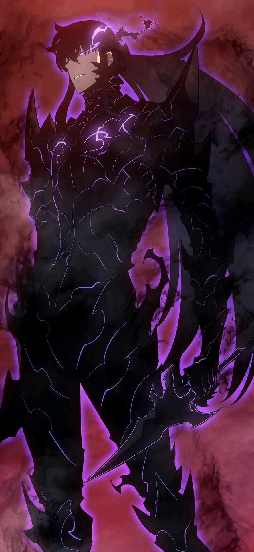 Dark Anime Warrior in Black Armor with Purple Aura and Spiky Sword HD phone wallpaper