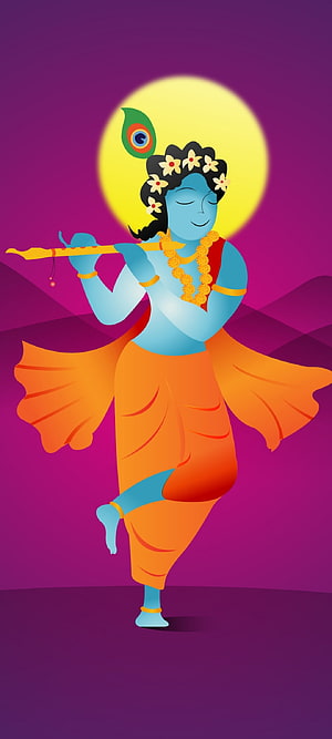 Krishna Playing Flute in Vibrant Orange Dhoti with Peacock Feather and Marigold Garland HD phone wallpaper