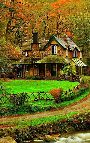 Rustic Stone Cottage in Autumn Forest with Stream and Green Lawn HD phone wallpaper