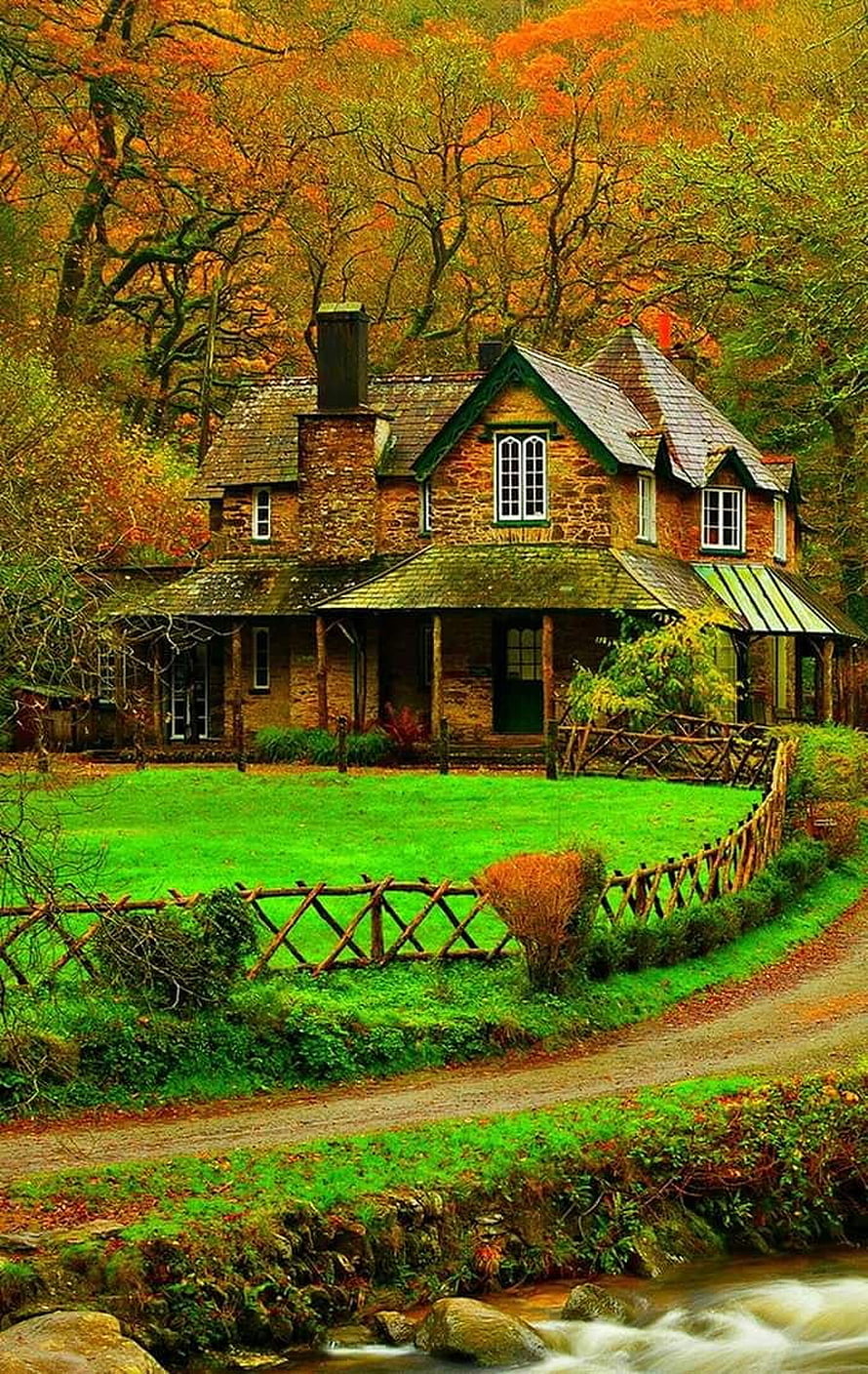 Rustic Stone Cottage in Autumn Forest with Stream and Green Lawn HD phone wallpaper