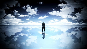 Tokyo Ghoul Character Silhouette Standing on Reflective Surface Under Dramatic Cloudy Sky HD wallpaper