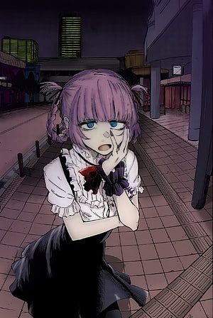 Nazuna Nanakusa from Call of the Night in a distressed pose on a dark city street at night HD phone wallpaper