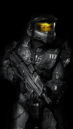 Master Chief in Dark Armor Holding Assault Rifle HD phone wallpaper