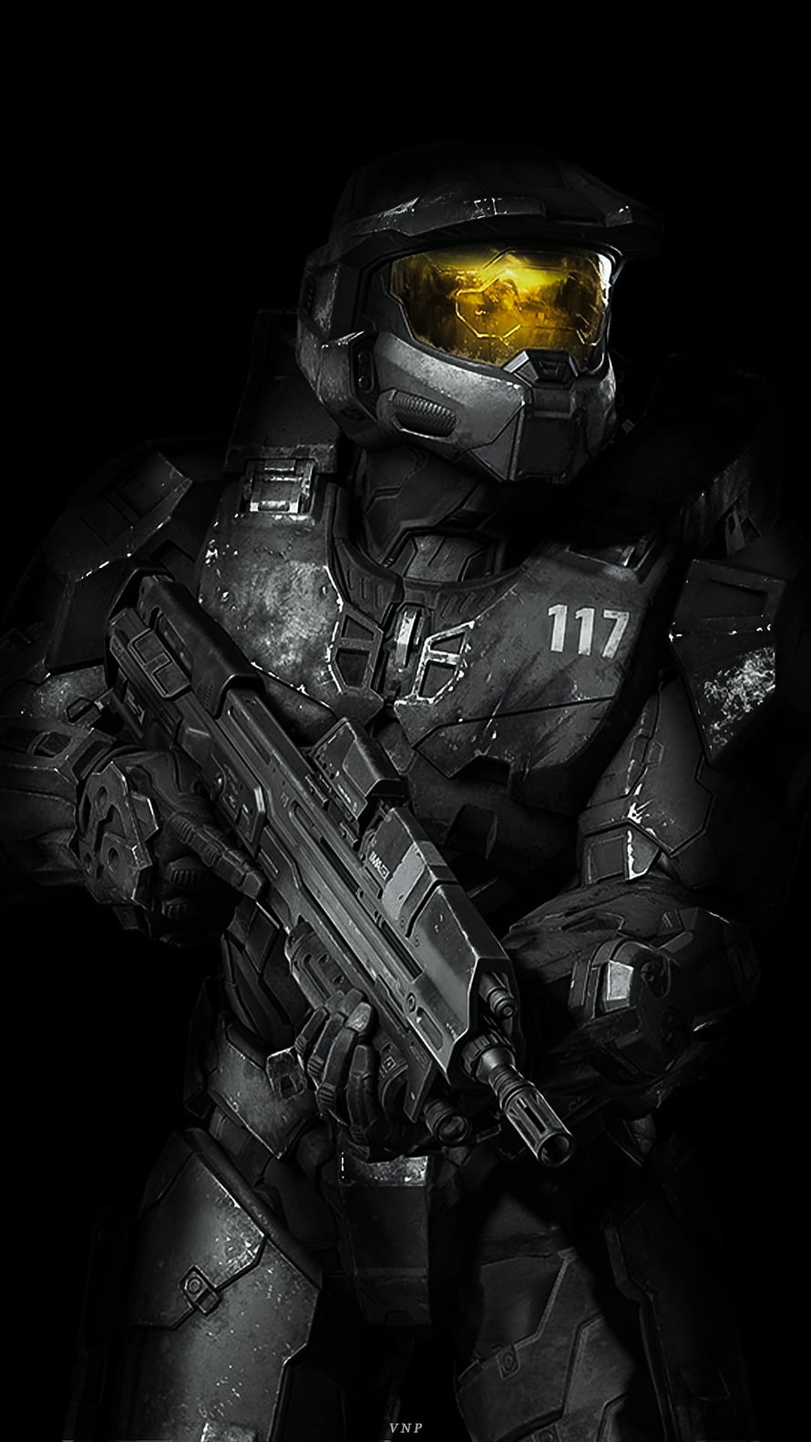 Master Chief in Dark Armor Holding Assault Rifle HD phone wallpaper