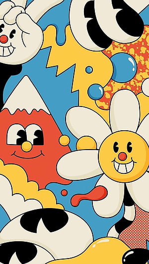 Colorful Cartoon Characters and Abstract Shapes in Vibrant Pop Art Style HD phone wallpaper