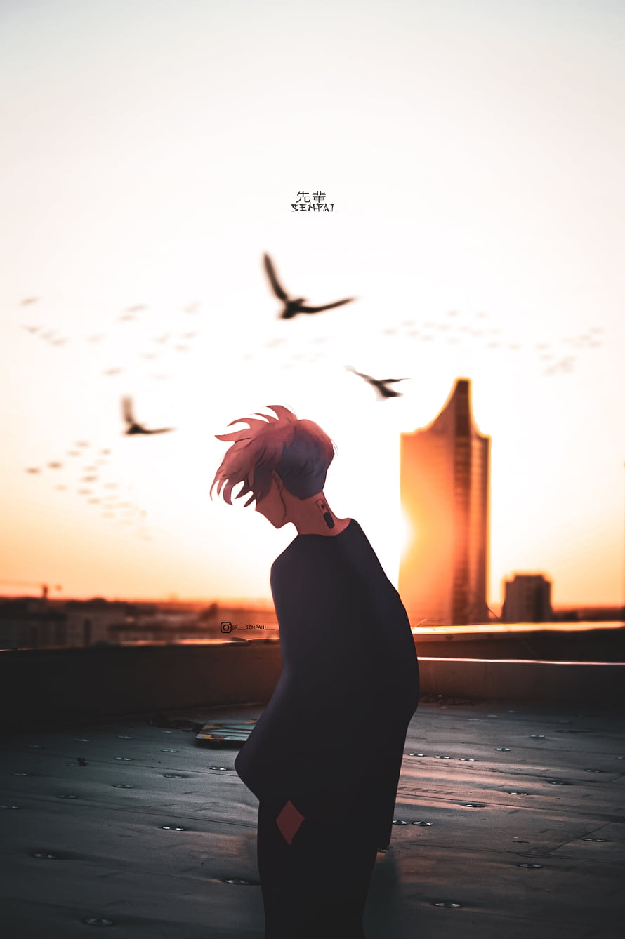 Mikey from Tokyo Revengers Standing on Rooftop at Sunset with Birds in the Sky HD phone wallpaper