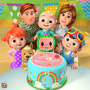 Cocomelon Family Celebrating 13th Birthday with Colorful Cake and Festive Decorations HD phone wallpaper
