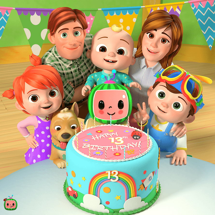 Cocomelon Family Celebrating 13th Birthday with Colorful Cake and Festive Decorations HD phone wallpaper