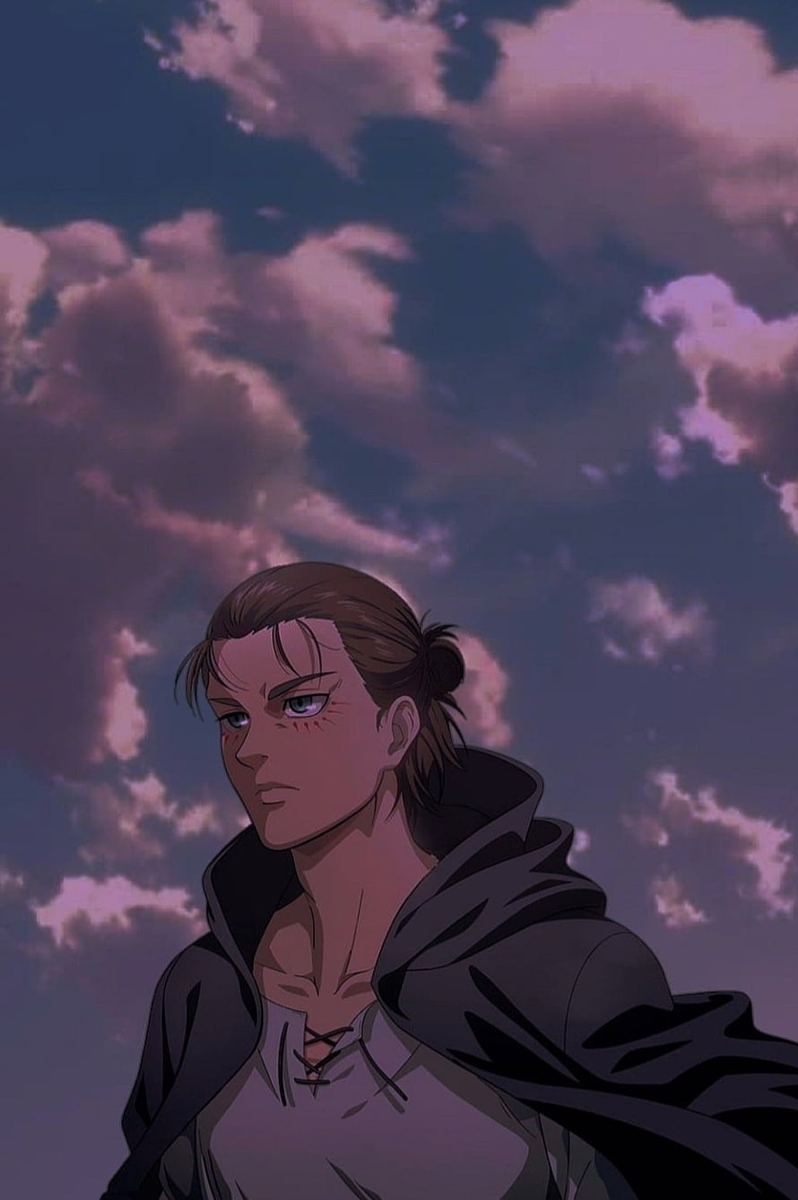 Eren Yeager Anime Portrait Against Purple Cloudy Sky HD phone wallpaper