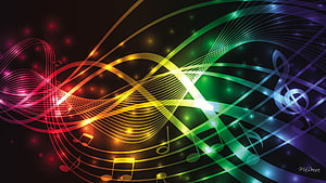 Vibrant Rainbow Musical Notes and Treble Clefs on Dark Background HD wallpaper