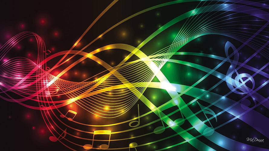 Vibrant Rainbow Musical Notes and Treble Clefs on Dark Background HD wallpaper