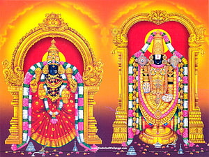 Vibrant illustration of Hindu deities Yellamma and Khandoba adorned in gold jewelry and floral garlands within ornate arches HD wallpaper