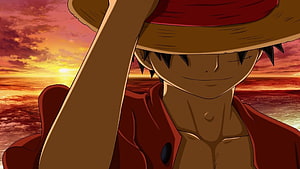 Monkey D Luffy Smiling Under Straw Hat at Sunset Over the Ocean HD wallpaper