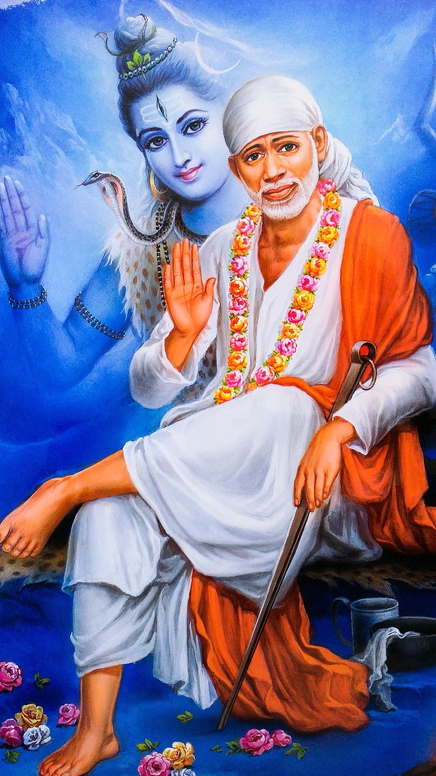Sai Baba Sitting with Lord Shiva in Blue Background HD phone wallpaper