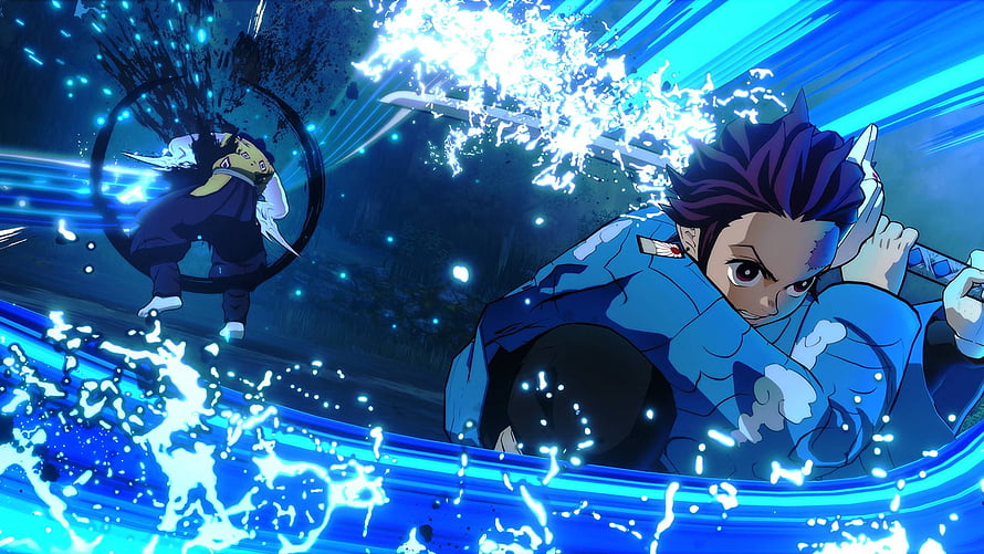 Demon Slayer Anime Character Wielding Water Breathing Sword in Dynamic Blue Combat Scene HD wallpaper