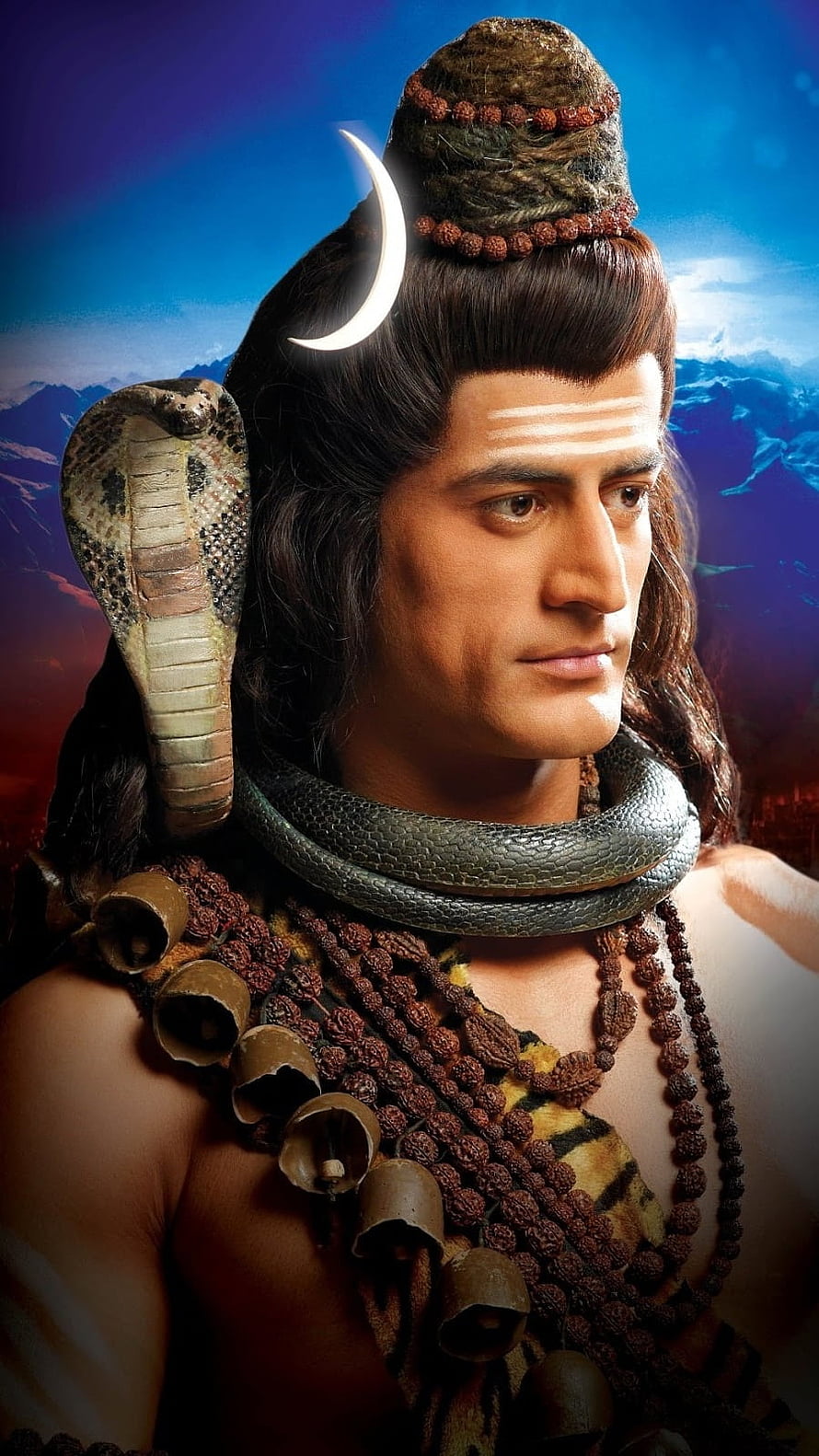 Portrait of Hindu God Shiva with Cobra, Crescent Moon, and Rudraksha Beads HD phone wallpaper