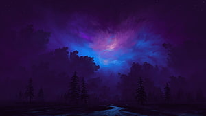 Mystical Purple Aurora Borealis Over Dark Forest Landscape With Winding River HD wallpaper