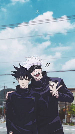 Fushiguro Megumi and Gojo Satoru in Jujutsu Kaisen Uniforms Under a Blue Sky HD phone wallpaper