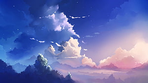 Anime Style Sunset Sky With Fluffy Clouds And Distant Mountains HD wallpaper